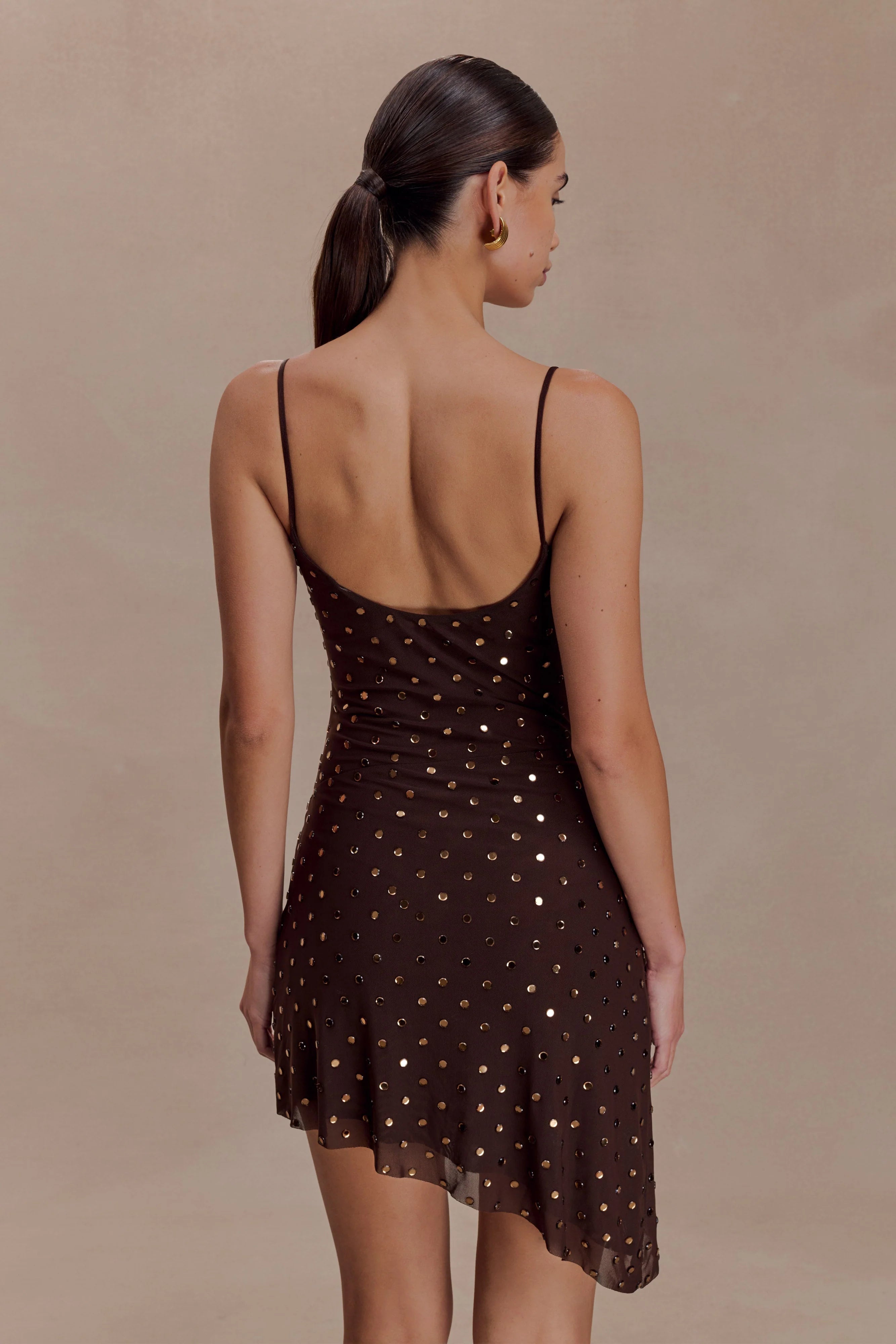 Zahra Diamante Cowl Mini Dress - Chocolate